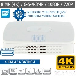 Сетевой видеорегистратор IP Smart 1U 4K NVR Dahua DHI-NVR4104-4KS2/L 4 канальный
